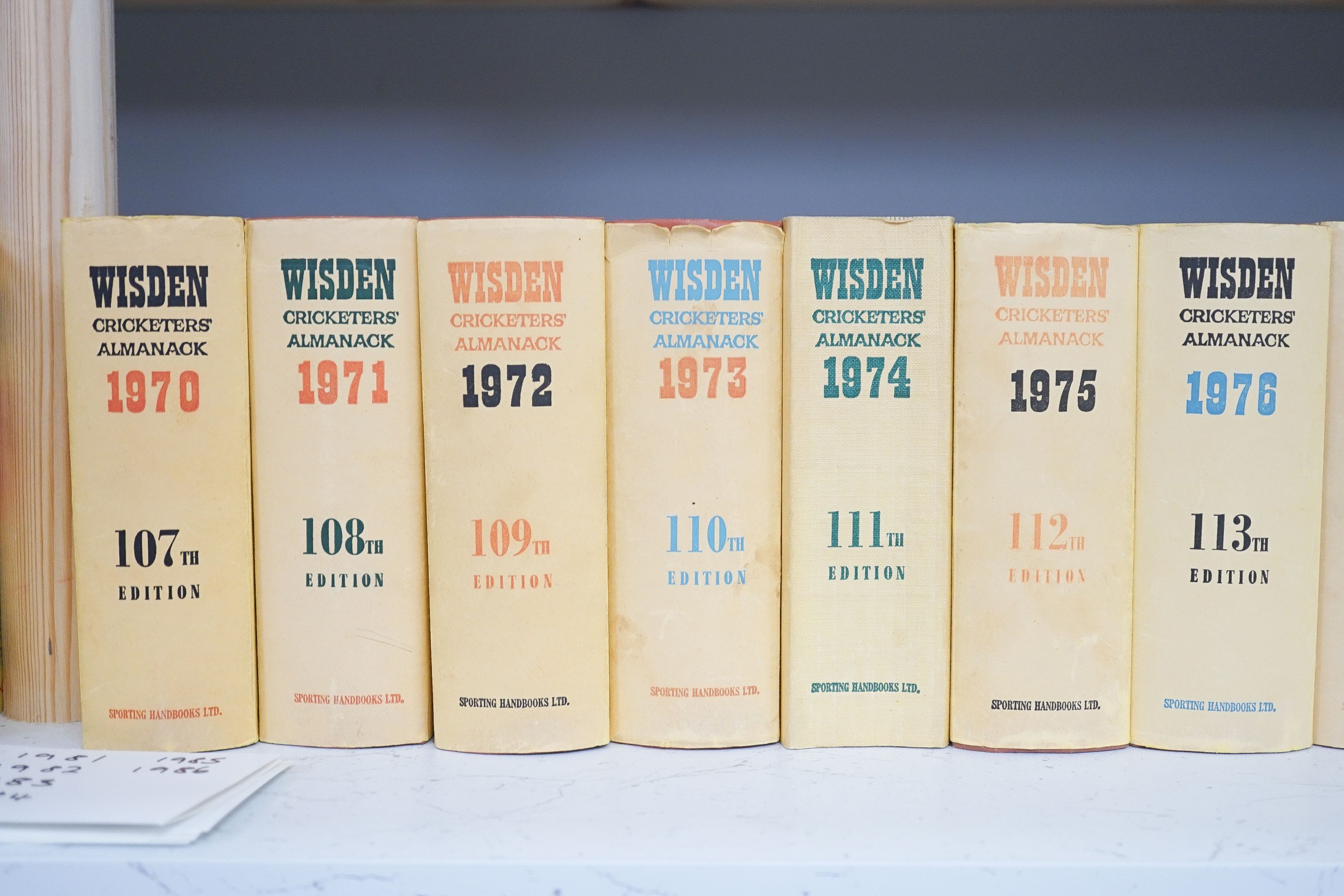 Wisden, John - Cricketers' Almanack, 82 vols, consisting: 1947/48 (soft back), 1949-1964 (hardback, without d/j's), 1965 (hardback with dj), 1966 (hardback, without dj), 1967-2020 (hardbacks, with d/j's), plus duplicates